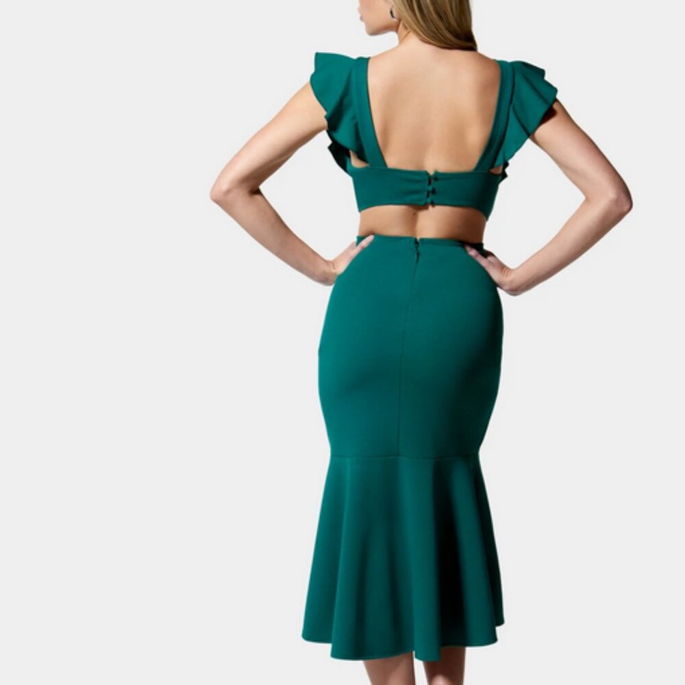 BEBE Open Back Ruffle Midi Dress - Picture 3 of 6